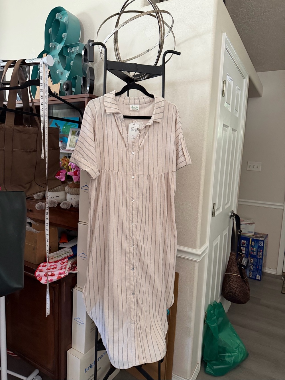 Striped Button-Front Midi Shirt Dress in Light Ivory
